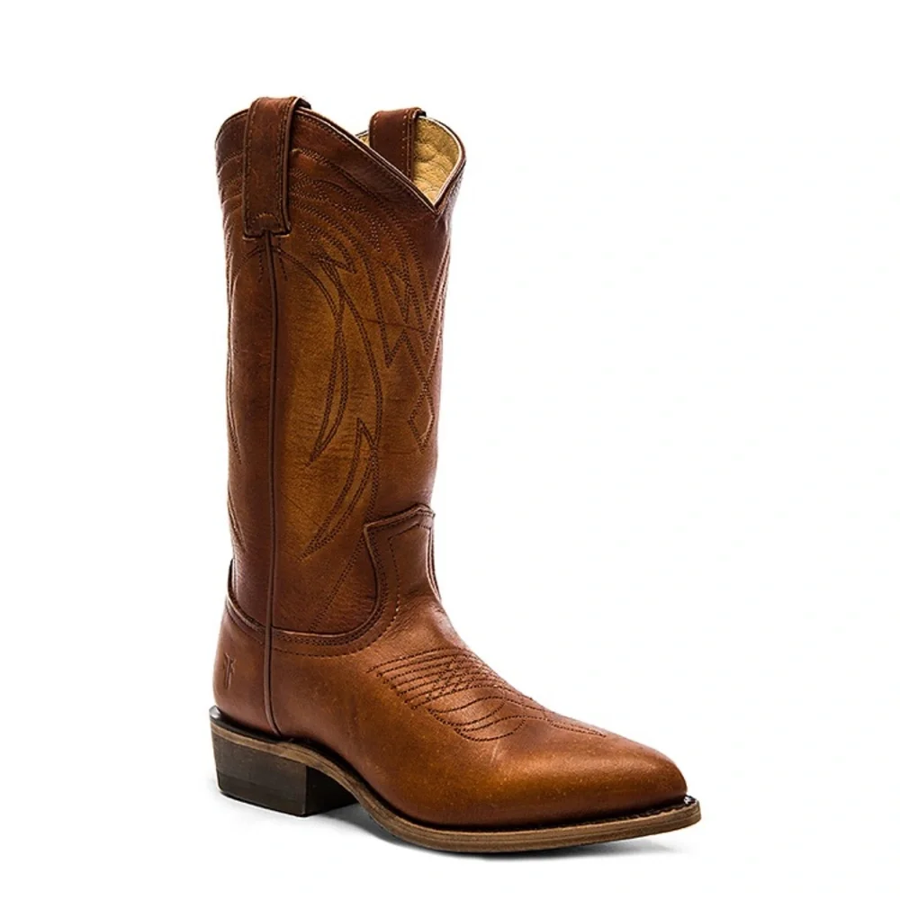 VINTAGE Frye Billy Pull On Distressed Brown Cognac Leather Cowboy Rodeo Boots